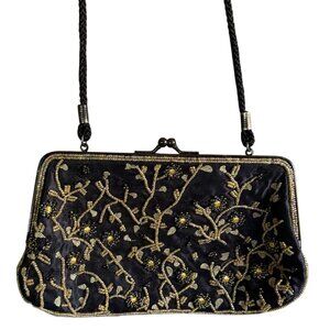 Vintage Lancome Beaded Gold Beads Flowers Shoulder Clutch Bag Women Black